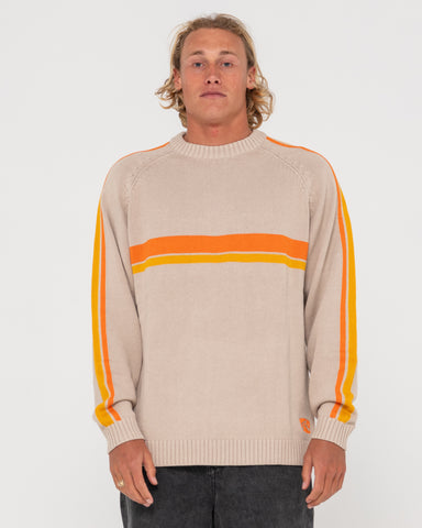 Man wearing White Lines Knit Sweater in Gravel / Orange Yellow
