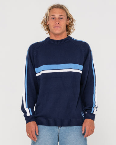 Man wearing White Lines Knit Sweater in Navy / Blue Ecru