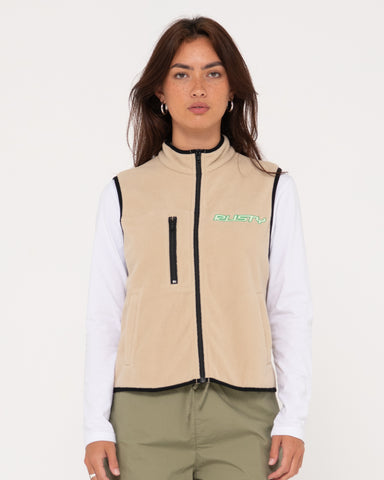 Woman wearing Bear Arms Zip Through Polar Fleece Vest in Light Khaki