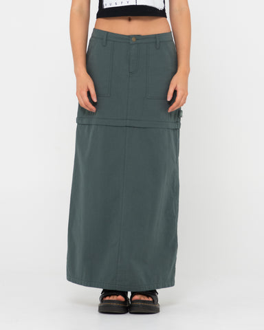 Woman wearing Billie Low Rise Ripstop Zip Off Skirt in Army