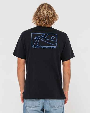 Man wearing Boxed Out Short Sleeve Tee in Black / Yonder Blue