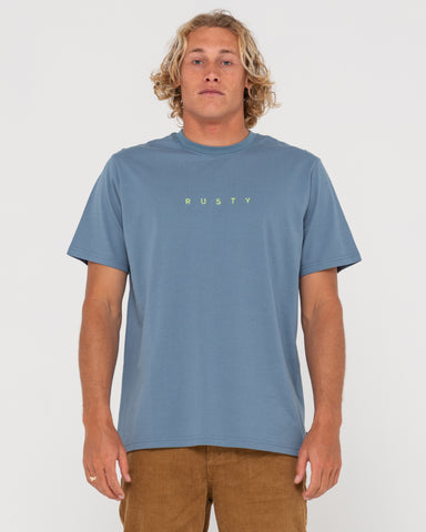 Man wearing Short Cut 2 Short Sleeve Tee in China Blue / Lime