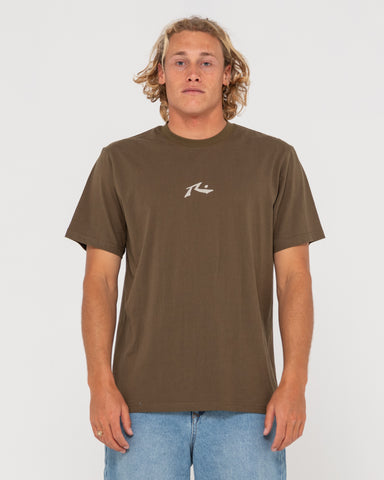 Man wearing One Hit Cf Competition Short Sleeve Tee in Rifle Green / Pumice Stone