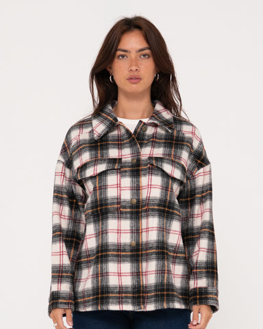 Woman wearing Stemming Long Sleeve Plaid Over Shirt in Sage Leaf