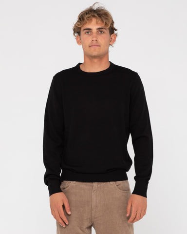 Man wearing Slung Lightweight Wool Crew Knit in Black
