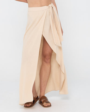 Woman wearing Banks Wrap Maxi Skirt in Oatmilk