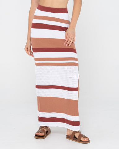 Woman wearing Sandbar Maxi Skirt in Cocoa Brown