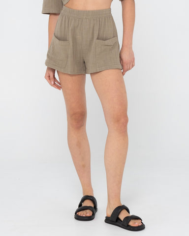Woman wearing Somewhere Elastic Waist Short in Olive
