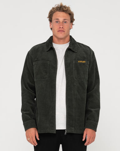 Man wearing V8 Coup Cord Jacket in Dark Army