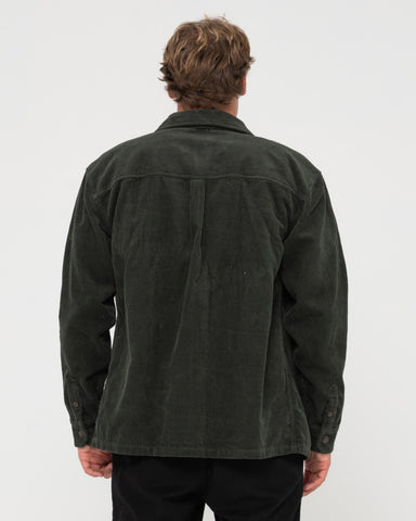 Man wearing V8 Coup Cord Jacket in Dark Army