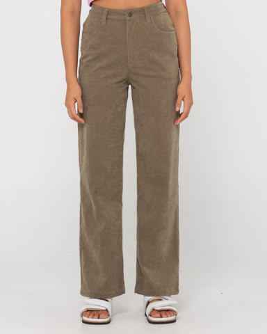 Woman wearing The Secret Cord Pant in Faded Olive