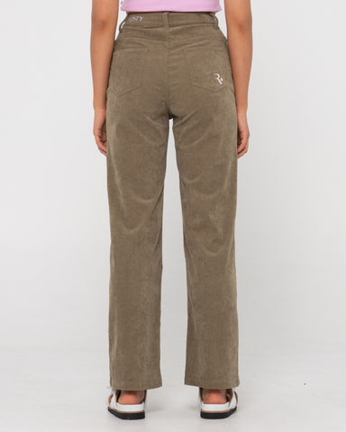 Woman wearing The Secret Cord Pant in Faded Olive