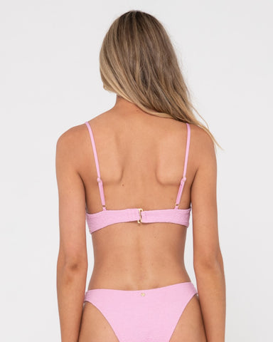 Woman wearing Sandalwood Balconette Bikini Top in Fondant Pink