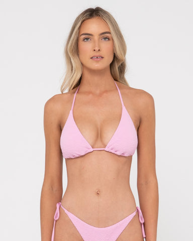 Woman wearing Sandalwood Multiway Bikini Top in Fondant Pink