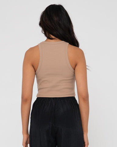 Woman wearing Blanks Racer Tank in Warm Taupe