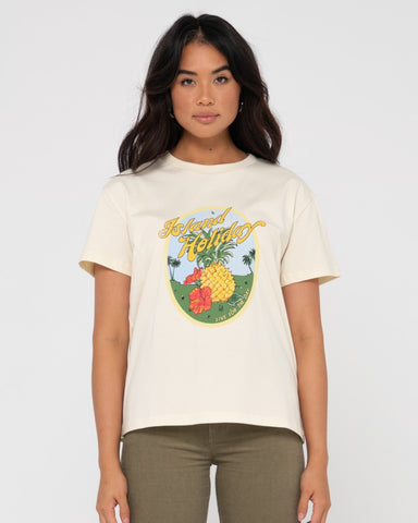 Woman wearing Island Holiday Relaxed Fit Tee in Beach Sand