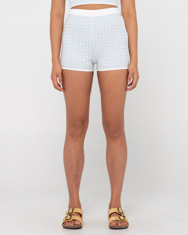 Woman wearing Spencer High Waist Short in Glacial Blue