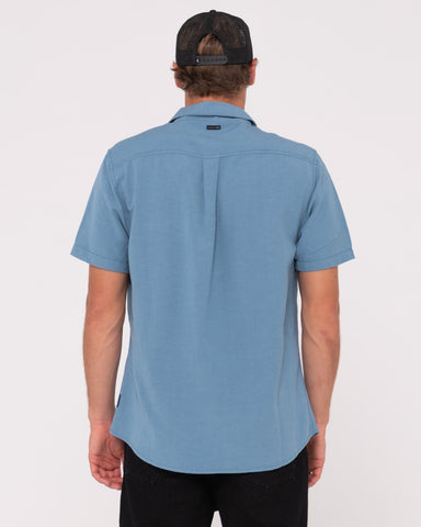 Boy wearing Overtone Short Sleeve Linen Shirt Boys in Yonder Blue