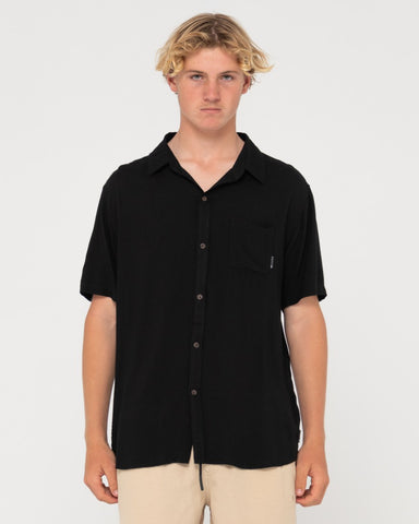 Man wearing Razor Blade Short Sleeve Rayon Shirt in Black