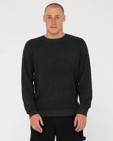 Man wearing Cradle Lightweight Crew Knit in Washed Black