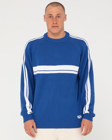 Man wearing White Lines Knit Sweater in Sodalite Blue