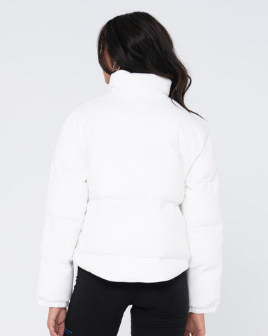 Woman wearing Sola Puffer Jacket in White