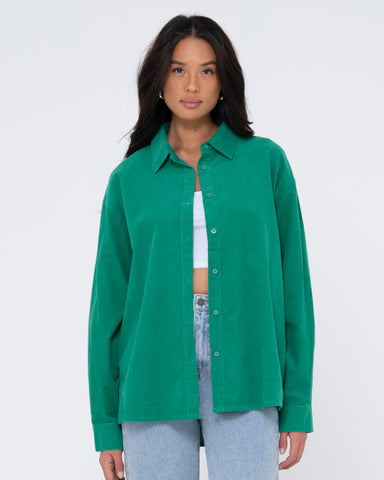 Woman wearing Tammy Cord Shirt in Emerald