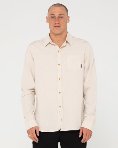 Man wearing Overtone Long Sleeve Linen Shirt in Ecru