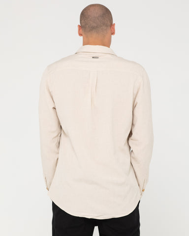 Man wearing Overtone Long Sleeve Linen Shirt in Ecru