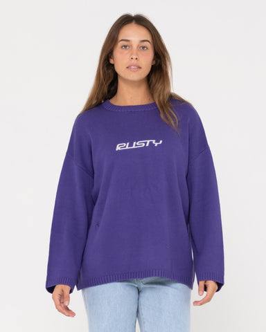 Woman wearing Rider Relaxed Crew Neck Knit in Grape