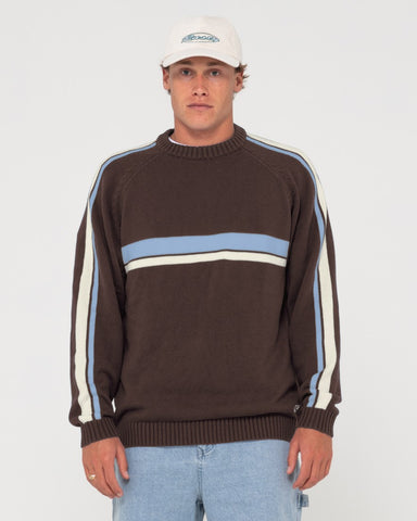 Man wearing White Lines Knit Sweater in Coffee / Ash Blue