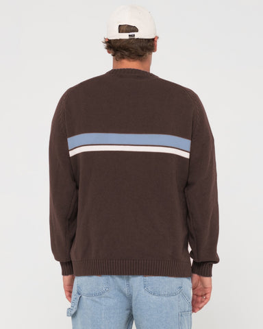 Man wearing White Lines Knit Sweater in Coffee / Ash Blue