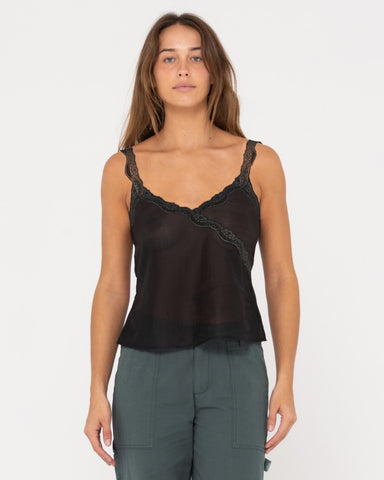 Woman wearing Maison Sheer Slim Fit Cami Top in Black