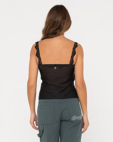 Woman wearing Maison Sheer Slim Fit Cami Top in Black