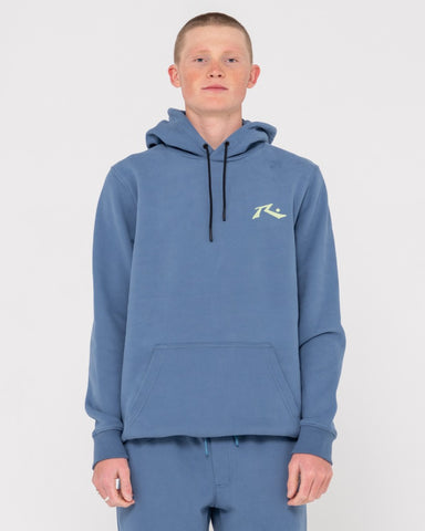Man wearing Competition Hooded Fleece in China Blue/lime