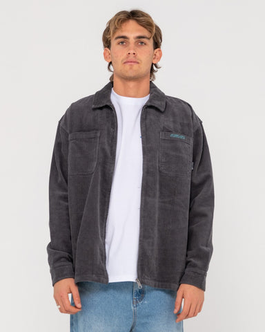 Man wearing V8 Coup Cord Jacket in Coal