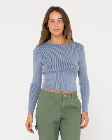 Woman wearing Solace Long Sleeve Knitted Top in Tranquil Blue