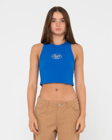 Woman wearing Pit Stop Ribbed Racer Tank in Blue Sapphire