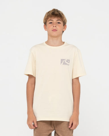 Boy wearing R Dot Short Sleeve Tee Boys in Ecru/gull Grey