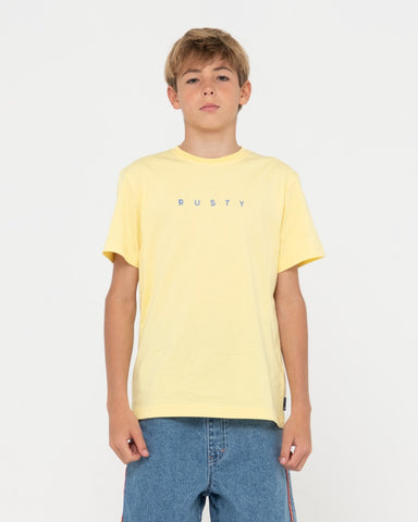 Boy wearing Short Cut 2 Short Sleeve Tee Boys in Popcorn / Yonder Blu