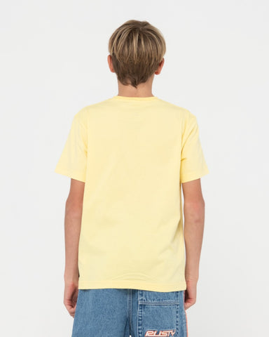 Boy wearing Short Cut 2 Short Sleeve Tee Boys in Popcorn / Yonder Blu