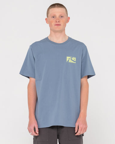 Man wearing R Dot Short Sleeve Tee in China Blue/lime