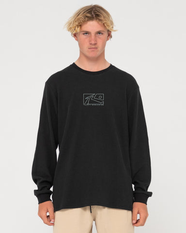 Man wearing Boxed Out Waffle Long Sleeve Tee in Black/blueglass