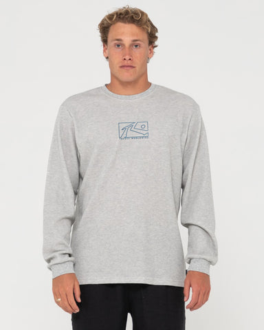 Man wearing Boxed Out Waffle Long Sleeve Tee in Grey Marle / Vallarta Blue