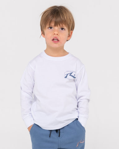 Boy wearing Advocate Long Sleeve Tee Runts in White
