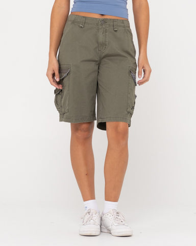 Woman wearing Tank Girl Low Rise Loose Fit Cargo Short in Army