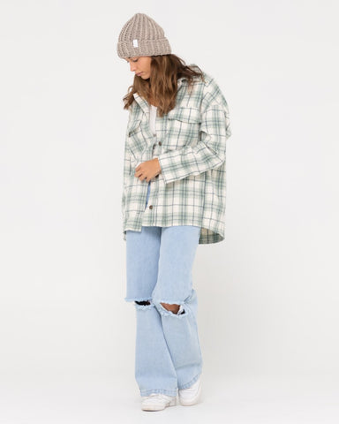Woman wearing Stemming Long Sleeve Plaid Over Shirt in Faded Pistachio