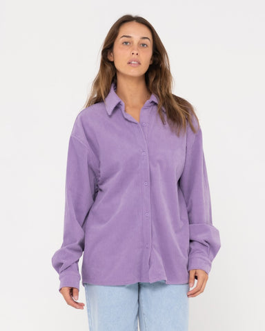 Woman wearing Chelsea Oversized Long Sleeve Cord Shirt in Grape