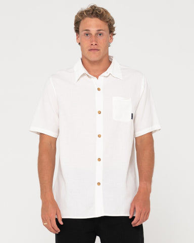 Man wearing Overtone Short Sleeve Linen Shirt in Whisper White