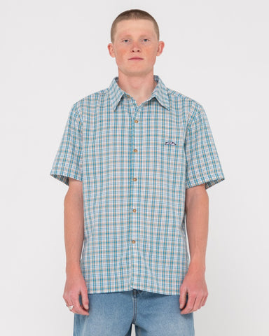 Man wearing Datsun Check Short Sleeve Shirt in Blue Fog